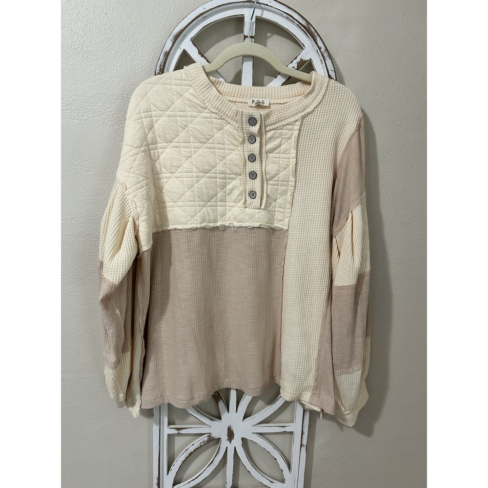 Pol SMALL Mixed Media Pieced Henley Oversized Top